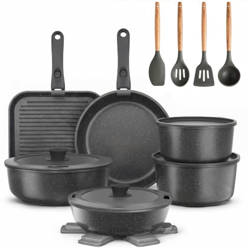 YASHE Batería de cocina 21 piezas, inducción, atóxica, sin PTFE ni PFAS | Dos mangos extraíbles y sartén grill cuadrada; cuerpos aptos para horno, apilables y compatibles con todo tipo de cocinas