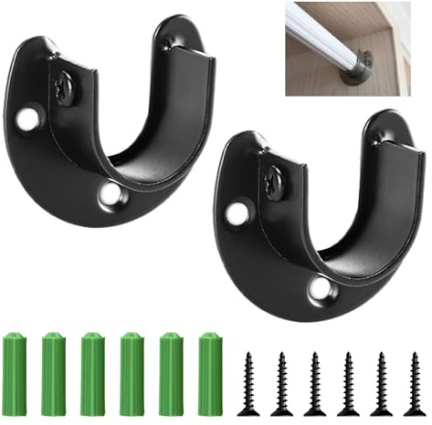 FinalCool 2 Piezas Soporte para Barra de Ropa 32mm, Armario de Acero Inoxidable Forma de U, Barras de Cortina con 6 Tornillos y 6 Tubos de Expansión para Armarios, Lavanderías, Ducha (Negro)