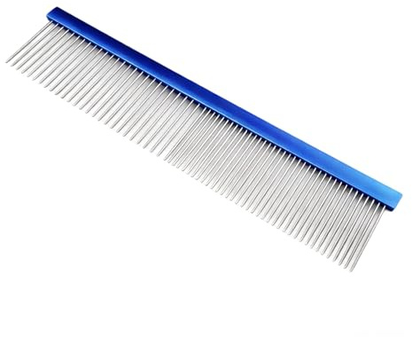 Hundkam för trimning, M15 blå tänder i rostfritt stål med 1,5 tum/3,8 cm långa stift, lätt aluminiumhandtag, för matt och fin päls, 19 cm lång, husdjurskam för daglig användning