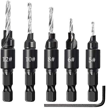 Countersink Drill Bit Set - 5Pcs Free Replaceable Drill Bits with One Hex Wrench for Woodworking Countersink,Quick Change 1/4 Hex Shank Adjustable Countersink Bits for Wood Drilling Plastic Metal
