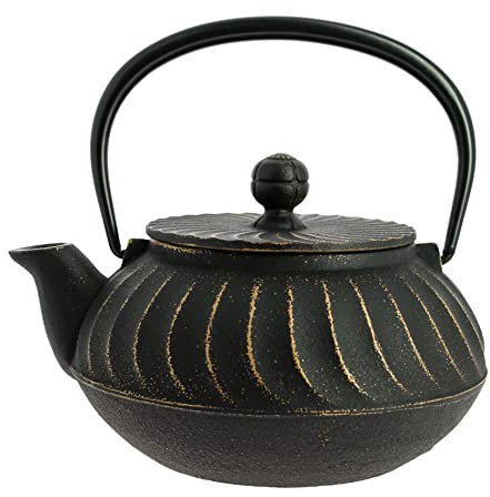 Iwachu Nambu Tekki Japanische Gusseisen-Teekanne Nami, Schwarz, Gold, 650 ml