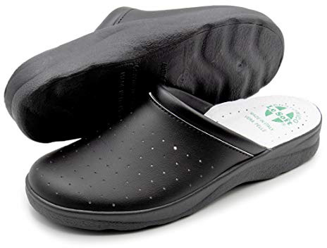 Poligono Ciabatte Sanitarie Anatomiche Uomo e Donna, Scarpe Pantofole Ortopediche Confortevoli con Tomaia in Vera Pelle Traforata, MADE IN ITALY, Nero (Uomo) 45