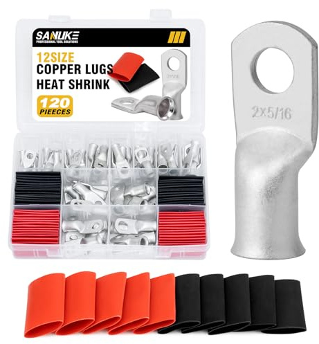 Sanuke 120Pcs Wire Lugs Battery Cable Lugs Marine Grade Wire Lug with Heat Shrink Set 60Pcs Heavy Duty Tinned Copper Tubular Ring Terminals Tinned Closed Battery Cable End Crimp Connectors AWG 8 6 4 2