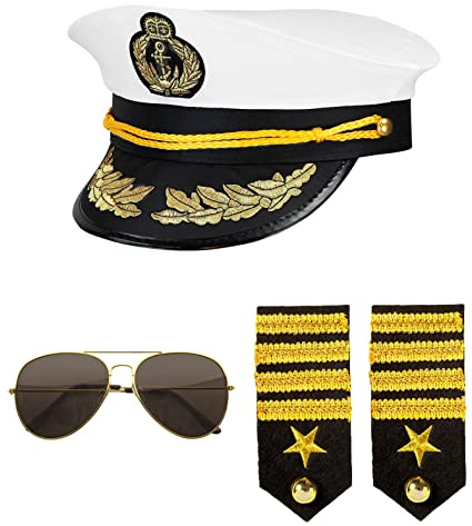 W WIDMANN MILANO Party Fashion 68543 - Verkleidungsset Kapitän, Mütze, Epauletten und Brille, Navy Captain, Karneval, Mottoparty | Kapitänsmütze, Schulterklappen und Sonnenbrille, 4-teiliges Set - Zubehör für Karneval