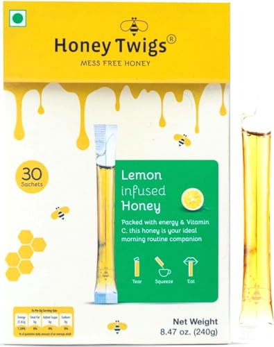 Lemon Infused Honey Sachets - 30 Count Single Serve Honey Sticks - 8 grams per sachet | 100% Pure, On the Go, Mess Free | HONEY TWIGS