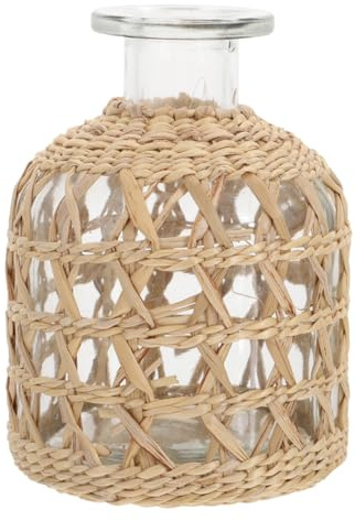 DOITOOL Glass Flower Vase with Rattan Cover, Straw Woven Glass Vase Decorative Boho Flower Container Farmhouse Flowerpot for Home Arrangement Table Decoration, 3.1X3.1X4.4inch