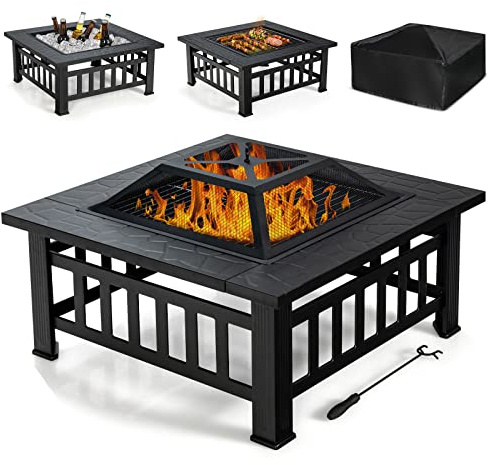 GOPLUS Brasero de Jardin Carré en Fer,Table de Foyer Maille et Couvercle Pare-étincelles avec Tisonnier Long,Grand Bac de Rangement pour Chauffage et Barbecue Glacière 81x81x50cm (Noir)
