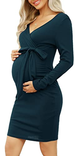 KOJOOIN Vestido Lactancia para Mujer Vestido Ajustado de Manga Larga Falda Premamá Cuello en V Vestido de Fiesta hasta la Rodilla con Cinturón (Embalaje MÚLTIPLE), A-Verde, L