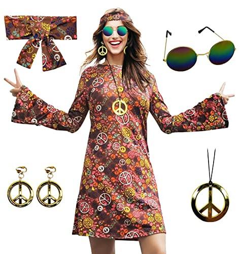 MRYUWB 70-tals hippie-klänning kostym för kvinnor, med halsband, örhängen, solglasögon, diskokostym, 60-talsfestkostym, halloween retroklänningar (brun, L)