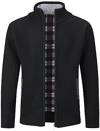 Allthemen Vinterfleecefodrad herrcardigan i fleece, hel dragkedja, stående krage, cardigan tjock jumper tröja, Svart, L