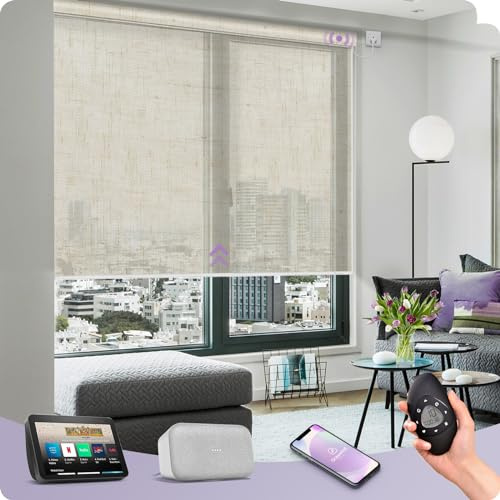 Graywind Smart Daylight Roller Blinds, 20% Light Filtering, Non-Blackout Sheer Fabric, Motorised Electric Window Blinds Work with Alexa Google, Hardwired & Customised, Remote Control, Linen Beige