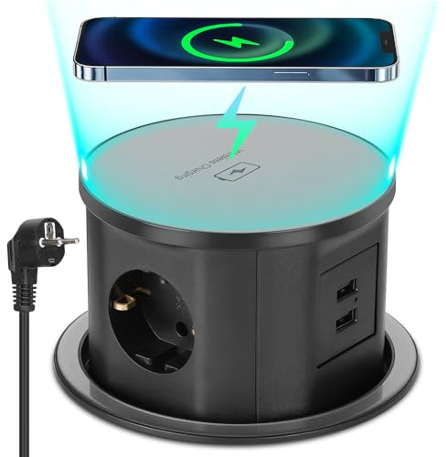 XIIW Multiprise Encastrable 3 Prises [Type F] + 15W Chargeur sans Fil Qi & USB-A – 3680W/16A – ABS Ignifuge avec Sécurité Enfant – Prise de Table pour Bureau, Plan de Travail et Cuisine, 1,8m Câble