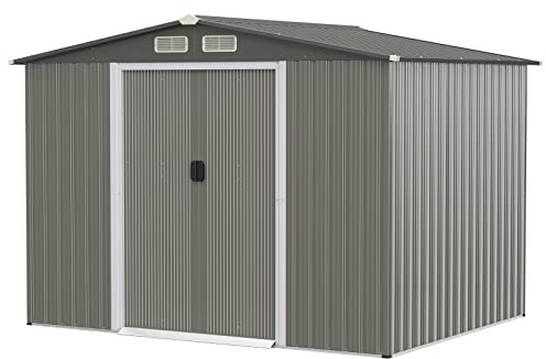 GYMAX Casetta da Giardino 4,74㎡ in Acciaio Zincat, Capanno Porta Attrezzi con 4 Feritoie, Doppie Porte Scorrevole e Rampa, Ideale per Porta Attrezzi, Tosaerba (4,74㎡/Grigio scuro)