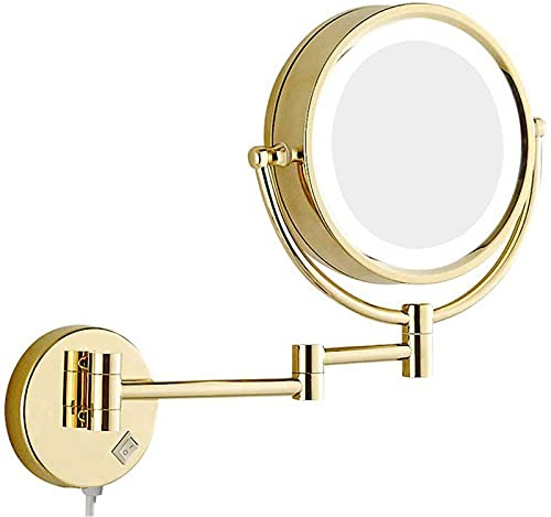 REWIS 8,5 Zoll doppelseitiger LED-beleuchteter Schminkspiegel, an der Wand montierter 10-Fach vergrößernder Kosmetikspiegel mit Schalter, Verstellbarer Beauty HD-Rasierkosmetikspiegel,Gold,Plug In