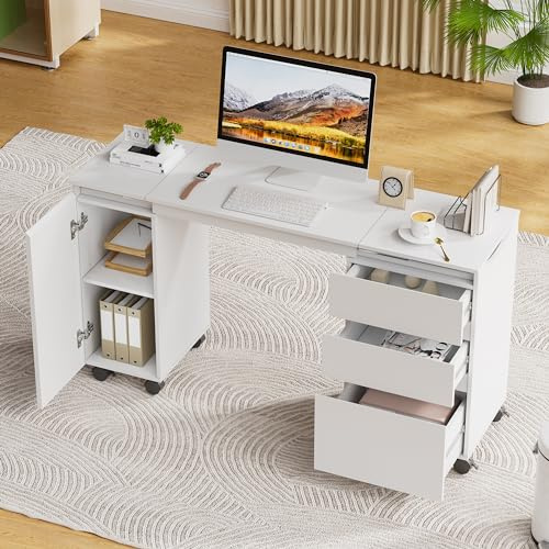 JoliJour Weißer Schreibtisch Mit Schubladen, Ausziehbar Mit Rollen, 3 Schubladen und 1 Tür, Zusammenfaltbar Zu Aktenschrank, Computertisch, 66-120*36.5*73cm