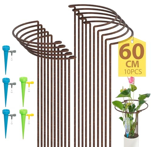KAZITOO 10 Stück Große 60cm hohe Rostige Bogen-Pflanzenstütze, halbrund Rost-Blumenstütz-Ringkäfig-Rahmen mit 5 selbstbewässernden Spikes, Gartenumrandung für Pfingstrosen, Hortensien(60x30cm)