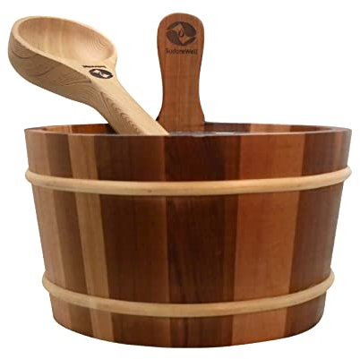MaReBa24 Kit d'accessoires de sauna classique 3 pièces en bois de cèdre rouge, seau de sauna et insert en plastique 4 l, louche de sauna