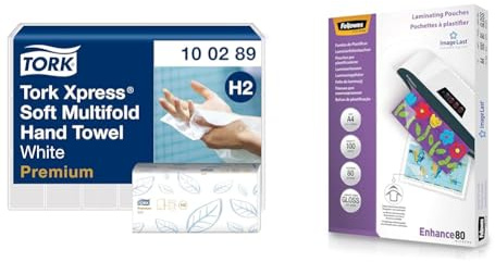 Tork Xpress weiche Multifold Papierhandtücher 100289 & Fellowes Laminierfolien A4 ImageLast, 80 Mikron, 100 Stück, transparent mit Ausrichtungshilfe