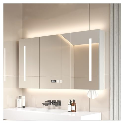 Spiegelschrank Bad，Badezimmer-Spiegelschrank mit 3 Tür, mit LED-Lichtern, Wandmontage,Spiegelschrank Bad mit Beleuchtung，Aufbewahrungsschrank，Berührung Sensorschalter,Weiß(Color:A,Size:W90*H70cm/W35.4