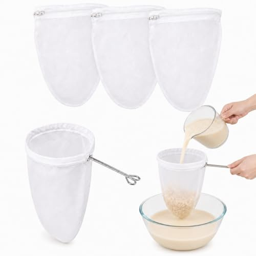 RAINFLOW Fine Mesh Strainer Bags - 3 Reusable Cheese Cloth Bags with Stainless Steel Handle for Straining, Coffee Filter, Nut Milk Bag for Juice, Tea, Yogurt, Kitchen Food Prep
