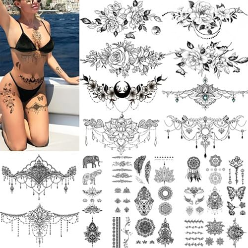 SevenDosong 66+ Pieces Sternum,Underboob Tattoo Chest Tattoos for Women Girls Temporary Tattoo Realistic Water-Proof Fake Body Art Fake Face Tattoos