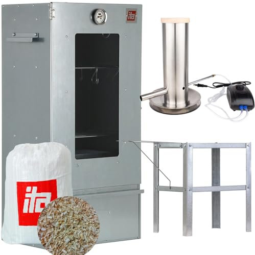 ITA Horno para ahumar 7002 – Juego de ahumar con generador de humo, mesa, armario para ahumar con ventana y termómetro, acero inoxidable, calidad europea, directamente del fabricante, 81 cm con 3