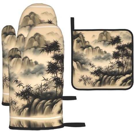 Chinesische Bemalung von Bambus-Ofenhandschuhen und Topflappen, Grillhandschuhe und Halter zum Kochen, Backen (3-teiliges Set)