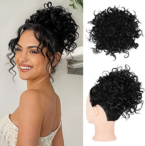 AOWVUTS Haarteil Dutt Messy Bun Kurze Lockige Pferdeschwanzverlängerung mit Elastischer Kordelzug Welle Pferdeschwanz Haarteil Synthetik Haar Scrunchies Groß Dutt Haare Bun Haarverlängerung
