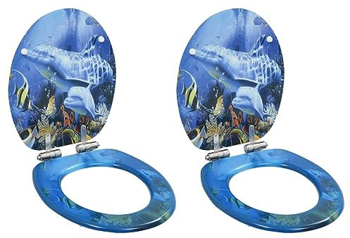 Homgoday WC-Sitze, 2 Stück, mit Absenkautomatik-Deckel, MDF, Delfin-Design, WC- und Bidet-Sitze