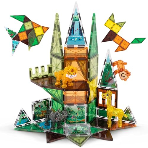 BONNYCO Magnetic Tiles for Kids with Animal Figures 50 PCS. Stem Toys for Children in 2D 3D with Illustrations, Educational Games. Birthday Gifts for Kids 4 5 6 7 8 9 10 Years Old