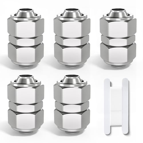 Bwintech 5 Stück 10mm gerade Push-to-Connect Kontermutter Rohr pneumatische Verschraubung, 2-Wege vernickelt Messing schnell KPU10 Luftleitung Adapter