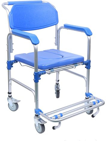 Toilettenstuhl, 150 kg, Nachtkommode mit gepolstertem Sitz und Fußpedal, Duschstuhl mit Rollen und abnehmbarem Eimer, Toilettensitz mit Armen und Rückenlehne für Erwachsene Senioren