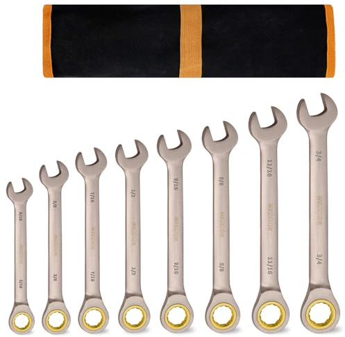 Meccion Set di chiavi a cricchetto a testa fissa da 5/16,3/8,7/16,1/2,9/16,5/8,11/16,3/4 pollici, in acciaio al cromo vanadio forgiato, placcato in nichel grigio