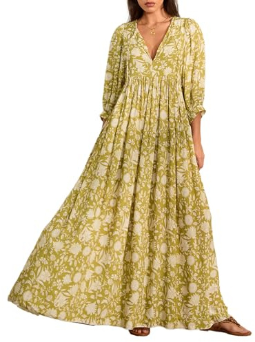 FeMereina Women Boho Floral Maxi Dress Puff Sleeve Flowy Long Dress V Neck Loose Fit Shirtdress Bohemian Tiered Sundress