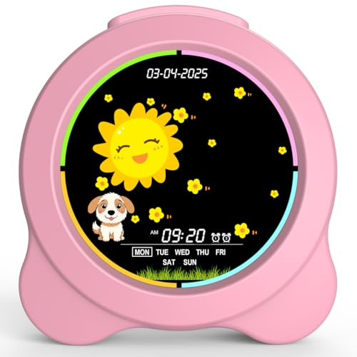 Sinoviwe Kinderwecker Sonne & Mond LED-Anzeige mit Tag & Datum OK to Wake Uhr mit Nachtlicht für Kinder Kinder Schlaftrainer Geschenk für Jungen und Mädchen (Rosa)