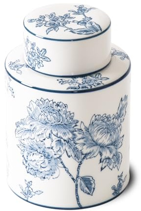 Magclay Ceramic Decorative Jars with Lid, Blue and White Ginger Jar for Home Decor, Cylindrical Vase Decor, 7.7x5.4 Inch, Flowers and Branches