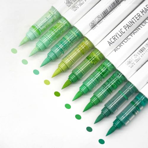 Orqihod Acrylfarben-Marker, grün, 9 Farben, Acrylstifte-Set mit weicher Pinselspitze, auf Wasserbasis, Zeichenmarker für Papier, Steinmalerei, Stoff, Glas, Tassen