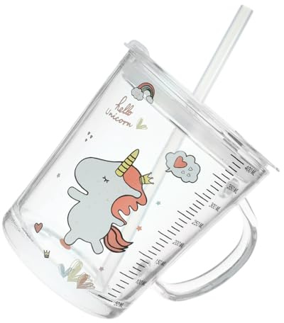 LOEFLIFA Bicchiere per Cannuccia Vetro Spesso con Scala Tazza Latte Stabile per Latte e Tè Design Adatto Ragazzi e Ragazze