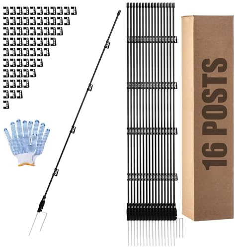 57 Inch Fiberglass Electric Fence Posts, 16 Pack with Double Spikes & 64 Clips - Heavy Duty Farm Garden Livestock Fencing | Holds Wire/Tape/Rope