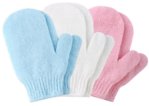 6pcs Exfoliating Gloves, Exfoliating Wash Gloves, Shower Scrub Gloves Away Ingrown Hair and Dead Skin for Shower, Spa, Massage and Dead Skin Cell Remover Loofah - White + Pink + Blue