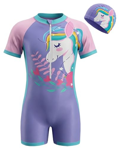 Moneric Girls One-Piece Swimsuit Purple Ruffled Kids Swimwear UV Protection Quick Dry Bathing Suit for 4-6 Years Toddler Girls Beach Pool