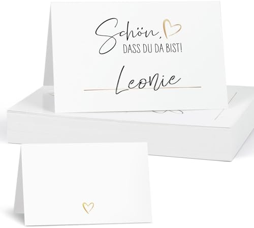 50 Stück Tischkarten „Schön, dass du da bist“ mit Herz, 8,5x5,5cm Platzkarten Hochzeit Namensschilder zum selbst Beschriften Namenskarten für Geburtstag Konfirmation Kommunion Taufe