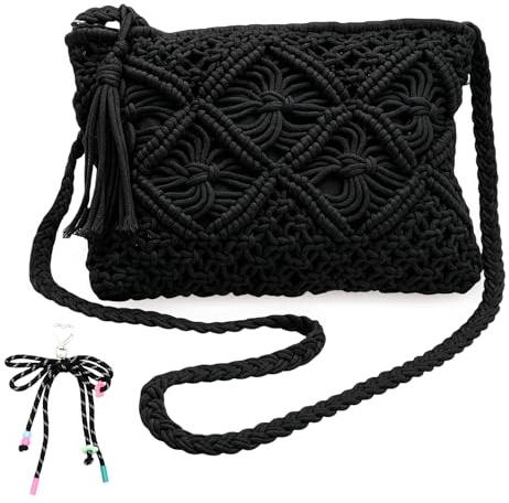 KASURE Straw Crossbody Bag for Women, Holiday Woven Bag for Summer Beach Travel, Boho Bags with Tassel Zipper, with Bow Keychain, Black