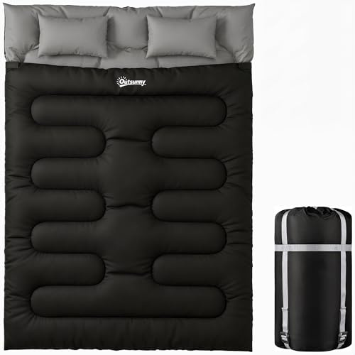 Outsunny Doppelschlafsack für Erwachsene, modulierbar in zwei Taschen für 2 Personen, mit 2 Kissen, Kopfteil und Aufbewahrungstasche, Hohlbaumwolle 400 g/m², für Camping, Wandern, Schwarz