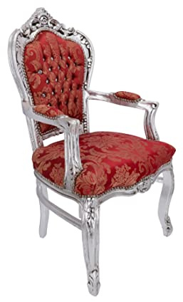 Way Home Store - Poltrona 100% BAROCCO stile francese Luigi XVI - legno foglia Silver e tessuto Rosso con Foglie ricamate - dimensioni 68 x 65 x 108 cm