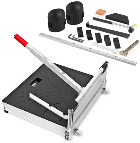 BAUTEC Profi Laminatschneider - Schnittbreite 630 mm - Parkettschneider - Vinylschneider inkl. 2 Klingen, Rollen und Teleskophebel, 23-teiligem Verlegeset, Knieschoner, Schaber