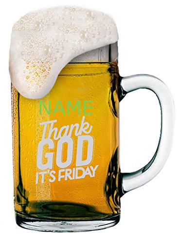 Maß Bierkrug 1 Liter mit Gravur von Logo + Namen Ihrer Wahl | individuell-gestalteter Maßkrug von Meinglas (Thank God Its Friday)