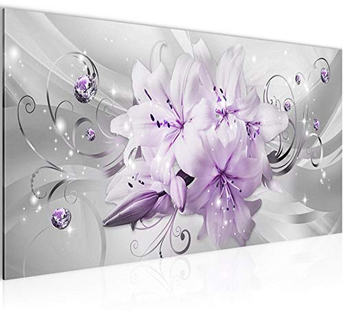 Runa Art Wandbild Blumen Lilien 1 Teilig 100 x 40 cm Modern Bild auf Vlies Leinwand Abstrakt Wohnzimmer Violett Grau 019812b