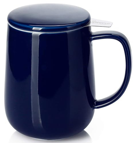 Sweese 20oz Porcelain Teacup with Infuser and Lid, Large Tea Mug for Loose Tea - Microwave and Dishwasher Safe, Insulated, Modern Design for Tea Lovers