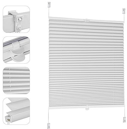 Sekey Plissee ohne Bohren Verdunkelung, Fenster Plissee Klemmfix Jalousie 85 cm breit, Verspannt Blickdicht Sonnenschutz Fensterollo, 85x120cm, Weiß